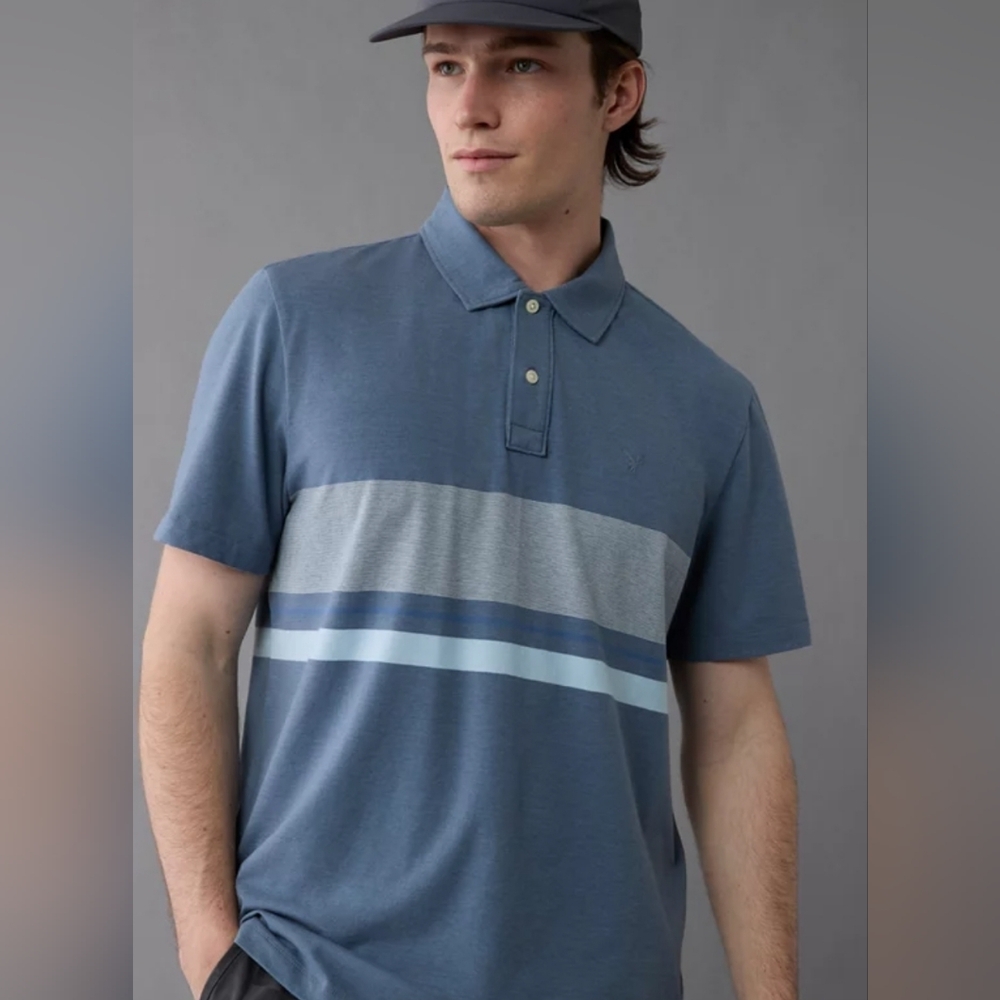 American Eagle 24/7 Club Logo Striped Polo Shirt Casual Activewear Size XS